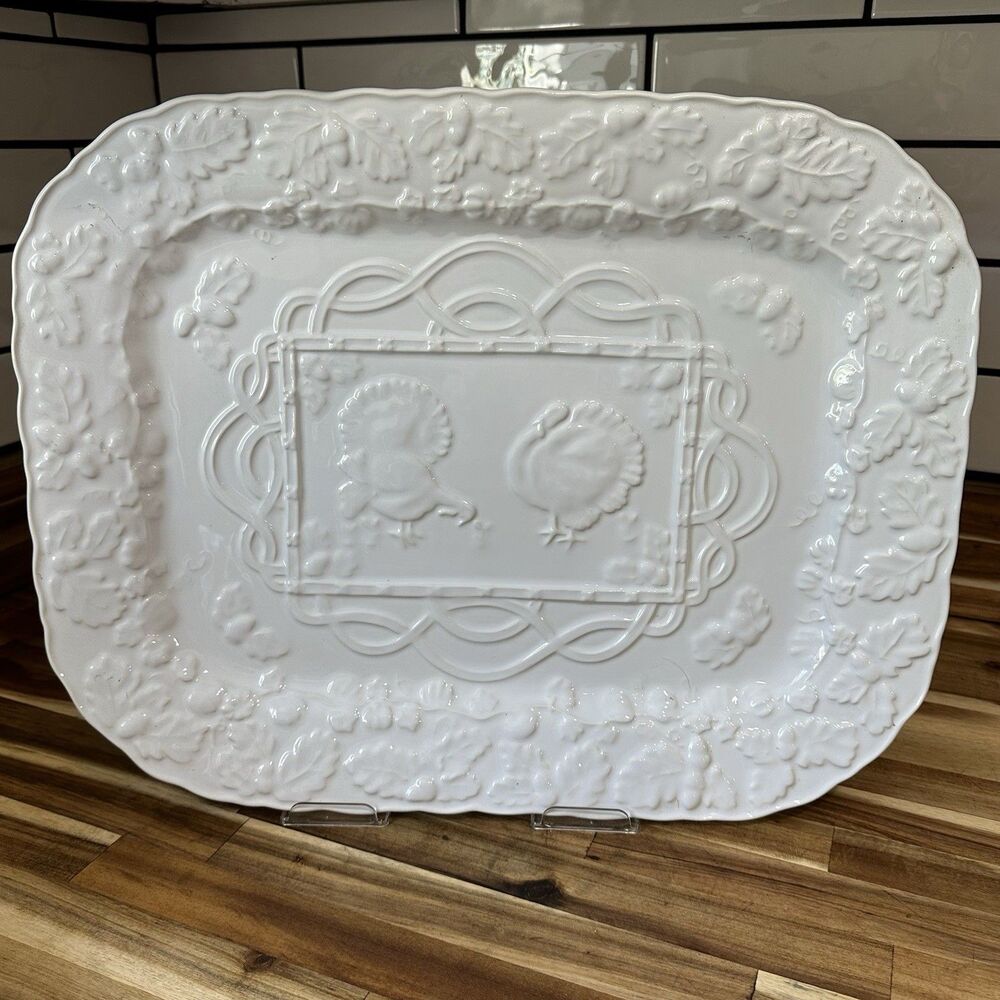 2007 Turkey & Acorn Embossed White Ceramic Platter 18.5” x 14” -  Target Home